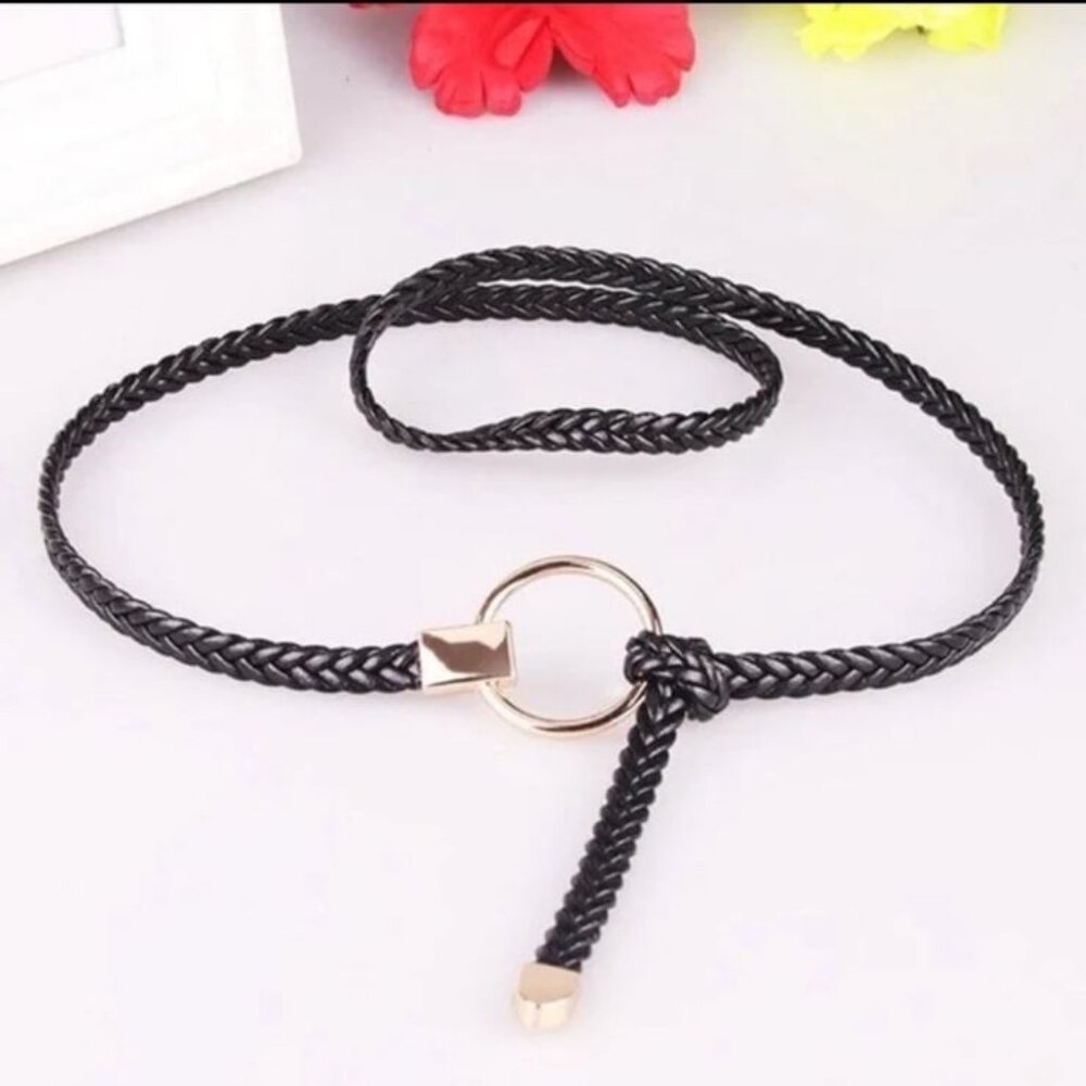 PU Leather Black Braided Skinny Belt